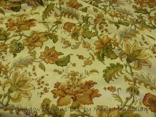 RM Coco floral fabric in rust, gold and green. Design studio picture window 