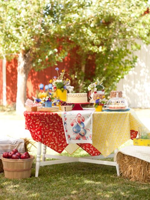 Vintage table cloth in outdoor party setting. 4th of July red, white and blue
