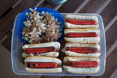 Hot dogs in shape of American flag. 4th of July red, white and blue