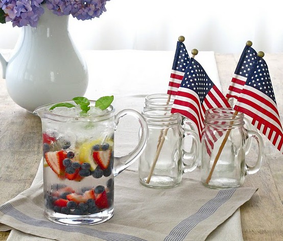 4th of July red, white and blue drinks in mason jars with flags