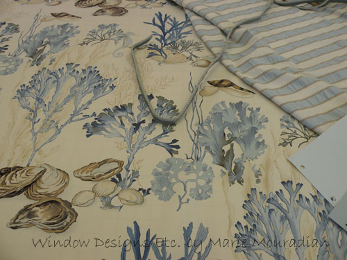 Underwater theme fabric and trim - Barbara Barry for Kravet, Trend stripe, nautical cord, Benjamin Moore paint. Beach themed blue and white Cape Cod Beach house dining room. Fabric and window treatments. See more at www.windowdesignsetc.com by Marie Mouradian