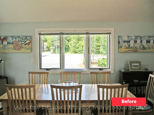 Before Underwater theme blue and white Cape Cod Beach house dining room. Fabric and window treatments. See more at www.windowdesignsetc.com by Marie Mouradian