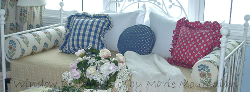 Custom pillow styles in blue, cream and rose pink. Floral, chick, mini print with ruffles and neckroll. Custom pillows are the essential accessory to home decor. Visit the blog WindowDesignsEtc.com Marie Mouradian