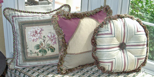 Custom pillow styles in rose and cream. Visit the blog WindowDesignsEtc.com Marie Mouradian