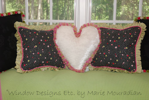 Custom pillow styles in black, white, lime green and pink for a teen's window seat. Custom pillows are the essential accessory to home decor. Visit the blog WindowDesignsEtc.com Marie Mouradian