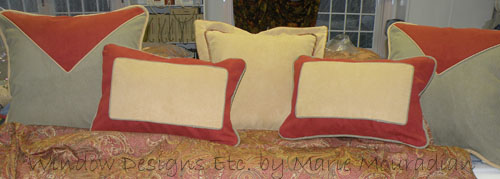 Custom pillow styles in gold, sage and rust. Custom pillows are the essential accessory to home decor. Visit the blog WindowDesignsEtc.com Marie Mouradian