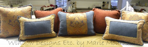 Custom pillow styles in gold, blue and rust. Custom pillows are the essential accessory to home decor. Visit the blog WindowDesignsEtc.com Marie Mouradian