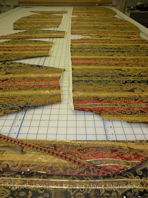 Custom window treatments on the worktable ready to be pleated up. Custom window treatment details See more at www.windowdesignsetc.com by Marie Mouradian