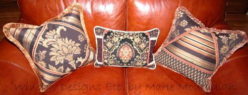Custom pillow styles in gold, black and rust. Custom pillows are the essential accessory to home decor. Visit the blog WindowDesignsEtc.com Marie Mouradian