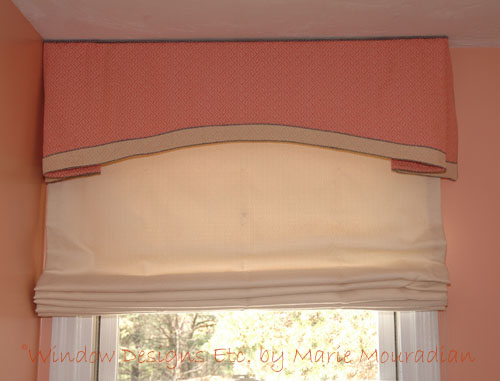 Tangerine Tango Window Treatments- Banded Arched Valance over a Roman Shade. 2012 Color of the Year. See more on the blog WindowDesignsEtc.com - Marie Mouradian