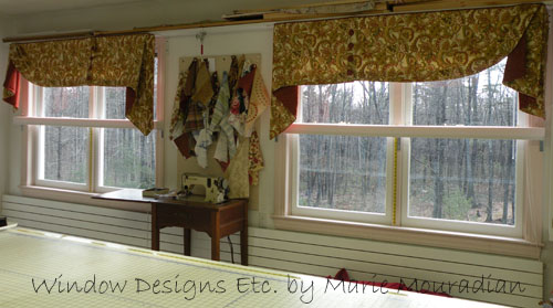 Moreland valances hanging in the design studio, soon to be installed in a Shrewsbury, MA home. Tangerine Tango Asymmetric Valance See more at www.windowdesignsetc.com by Marie Mouradian