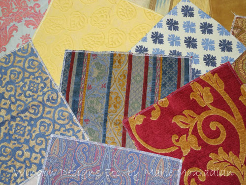Collection of fabrics, red, blue, gold. Upholstery Fabric For Sofas See more at www.windowdesignsetc.com by Marie Mouradian