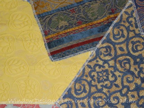 Upholstery fabric in yellow matalesse, blue and jewel tone stripe. Upholstery Fabric For Sofas. See more at www.windowdesignsetc.com by Marie Mouradian