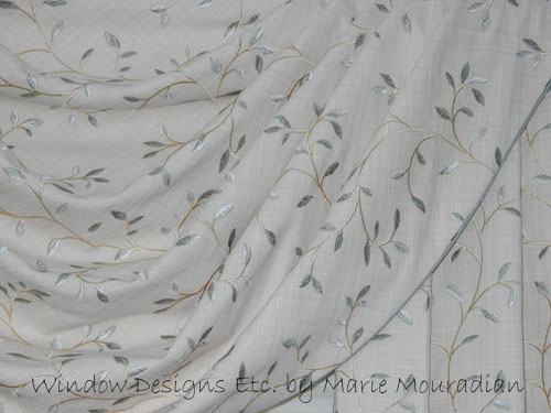 Embroidered fabric with vines and green leaves Classic Swags and cascades Holden, MA Window Designs Etc. by Marie Mouradian www.windowdesignsetc.com