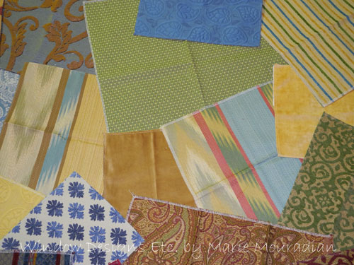 Fabric collection in green, gold, and blue. Upholstery Fabric For Sofas. See more at www.windowdesignsetc.com by Marie Mouradian