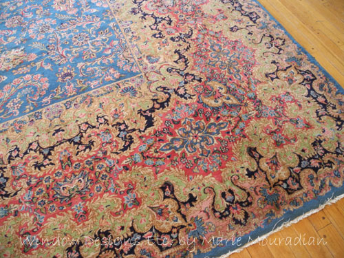 Worcester, MA church hall oriental rug in blue, red, and green. Upholstery fabric choices. See more at www.windowdesignsetc.com by Marie Mouradian