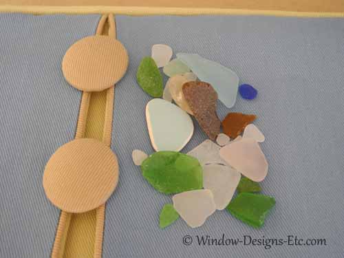 Cape Cod Sea Glass Bathroom. Covered buttons and sea glass. See more at www.WindowDesignsEtc.com