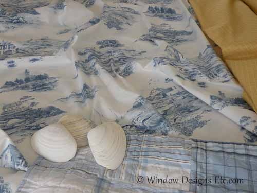 Blue fabrics and shells for master bedroom. window treatments for beach house.  See more at www.WindowDesignsEtc.com