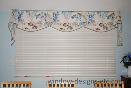 Hunter Douglas 2" Alternative wood blinds closed. Beach theme valance. Cape Cod Dining Room See more on www.windowdesignsetc.com by Marie Mouradian