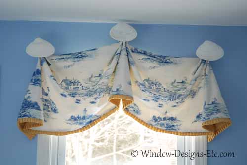 Blue lighthouse window treatment for beach house with quahog shells. Cape Cod master bedroom. See more at www.WindowDesignsEtc.com