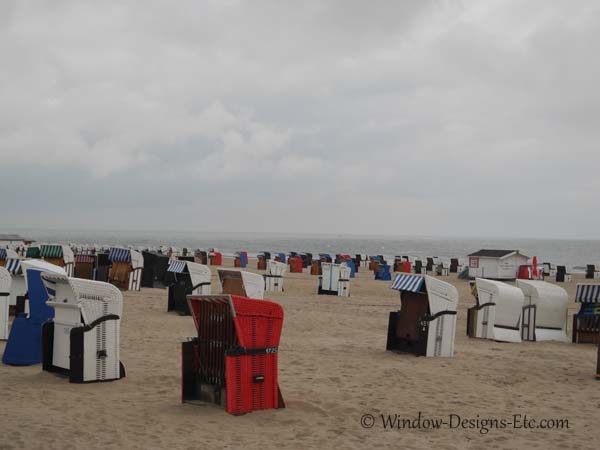 Beach baskets in Warnemunde Germany. Red, white, and blue Private beach basket oasis. Window Designs Etc. by Marie Mouradian www.windowdesignsetc.com