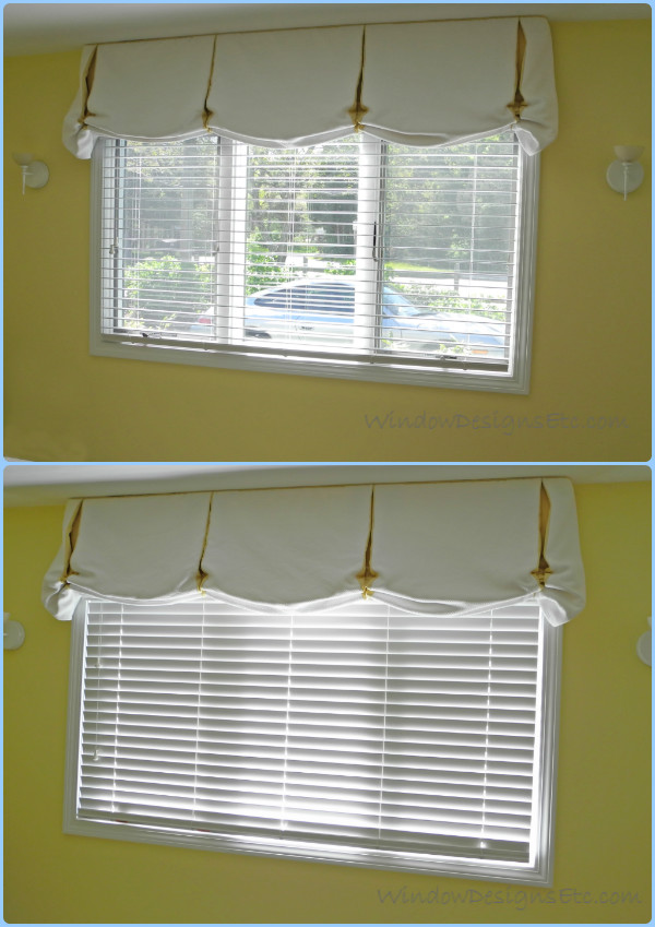 Beach house yellow Cape Cod bedroom with Hunter Douglas EverWood® Alternative Blinds with child-safe LiteRise® lifting system. Window Designs Etc. by Marie Mouradian