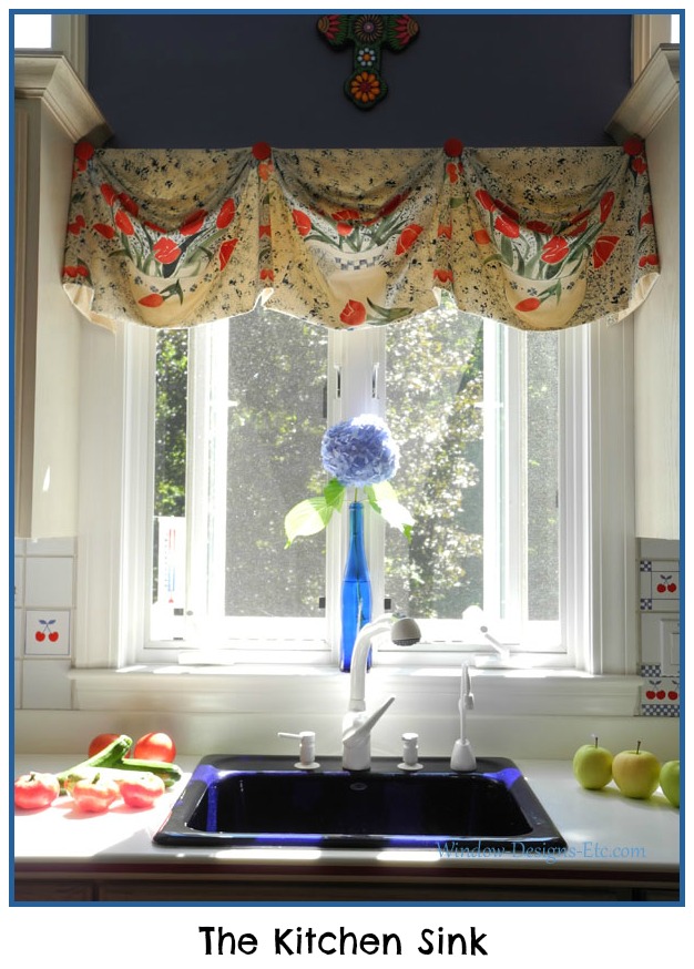 My Kitchen Sink - Award winning custom window treatments over my kitchen sink. Hand painted fabric in red, white and blue. Hydrangea. Blue sink. See more at WindowDesignsEtc.com by Marie Mouradian