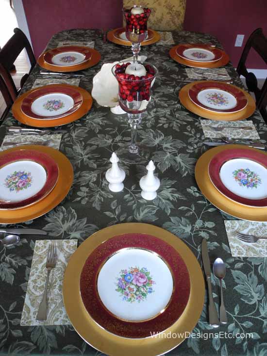 Antique china is the focal point of Thanksgiving table decorating. More ideas on the blog www.windowdesignsetc.com
