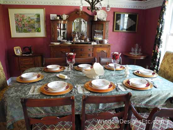 Thanksgiving table decorating in an antique filled dining room. More ideas on the blog www.windowdesignsetc.com