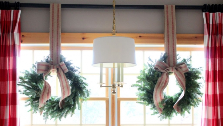 Holiday window ideas. Wreaths with buffalo check drapery panels. More beautiful windows decorated for Christmas here http://demo2.coolhatwebdesign.com/