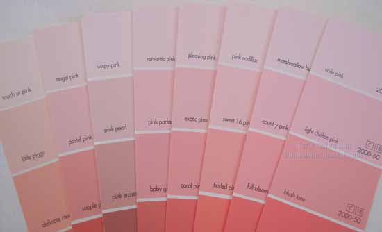 Benjamin Moore paint deck showing an array of pinks. Notice the sweet names. Pink home decorating blog post by www.windowdesignsetc.com Marie Mouradian