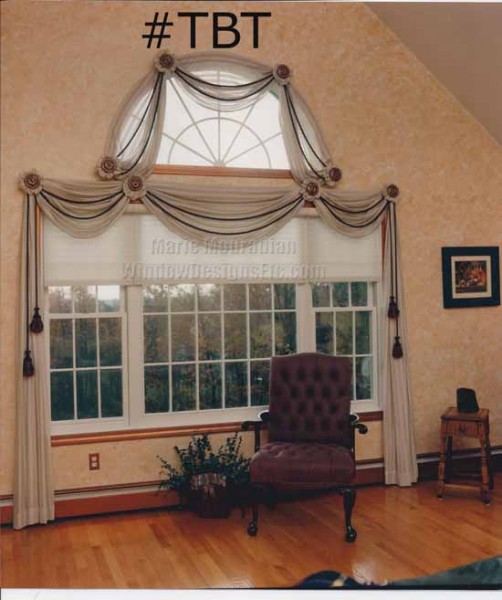 1980 Arched Window Treatment With Draped Cord - Too Much Icing. Draped swags with cording and tassels on an arched top window Window Designs Etc by Marie Mouradian Sterling Massachusetts