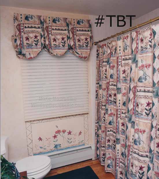 1990 Guest Bath Design #TBT throwback Thursday Holden Massachusetts bathroom features a shower curtain, balloon valance over a Hunter Douglas Silhouette and a custom painted feature below the window circa 1997. More details at www.WindowDesignsEtc.com