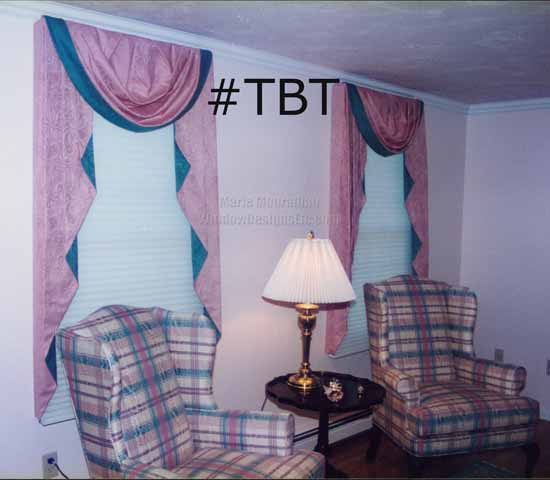 TBT Throwback Thursday Holden Massachusetts classic pink and green swags and cascades compliment plaid chairs circa 1996. Please Mauve and Seafoam WindowDesignsEtc.com for more info.