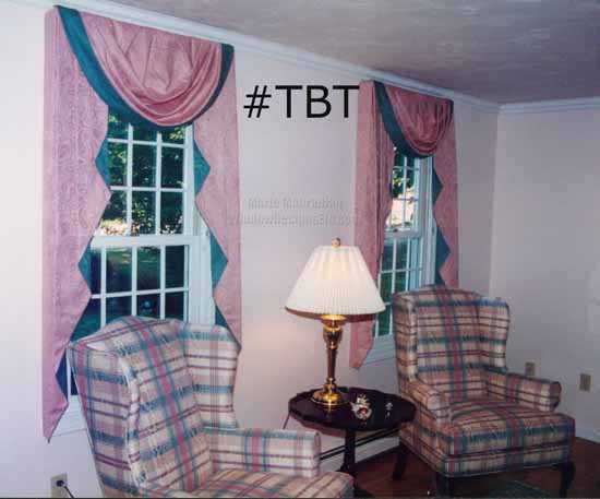 TBT Throwback Thursday Holden Massachusetts classic pink and green swags and cascades compliment plaid chairs circa 1996. Mauve and seafoam Please visit WindowDesignsEtc.com for more info.