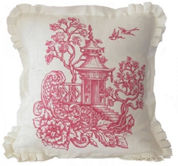 Jackie Von Tobel pillow cover in Pagodas- Magenta. Springtime in China. See more on my blog www.windowdesignsetc.com - Marie Mouradian