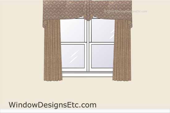 Home office valance styles. Design rendering of a custom window treatment with draperies and a Moreland style valance with a center jabot and cascades at the sides. See more on WindowDesignsEtc.com 