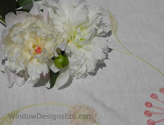 White peony with fabric. White peonies on a Fabricut fabric. Please visit WindowDesignsEtc.com for more information.