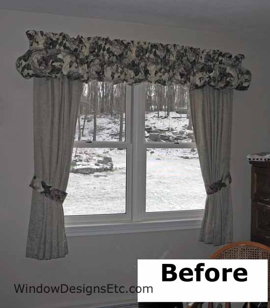 Home office valance styles. Princeton, MA home office BEFORE custom window treatments by Marie Mouradian of WindowDesignsEtc.com