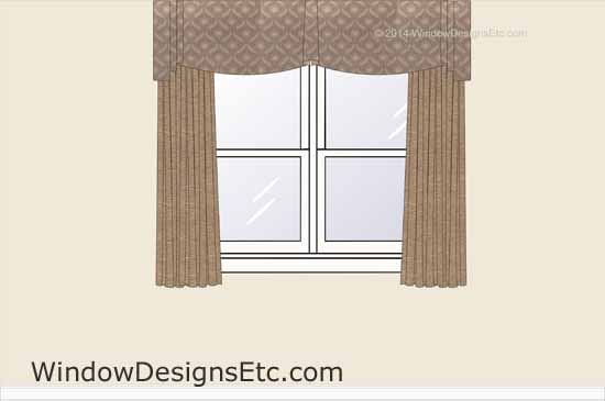 Home office valance styles. Design rendering of a custom window treatment with draperies and a scaloped valance with a center jabot and cascades at the sides. See more on WindowDesignsEtc.com Window Treatment Styles