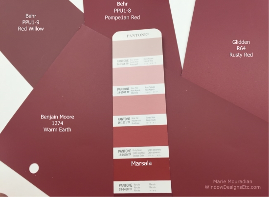 Marsala Pantone 2015 Color of the year Close matches of some commercial paint companies to Pantone Marsala. Benjamin Moore - warm earth, Glidden - Rusty red, Behr - Pompeian Red - Marie Mouradian WindowDesignsEtc.com - Marsala, Pantone 2015 Color of the Year