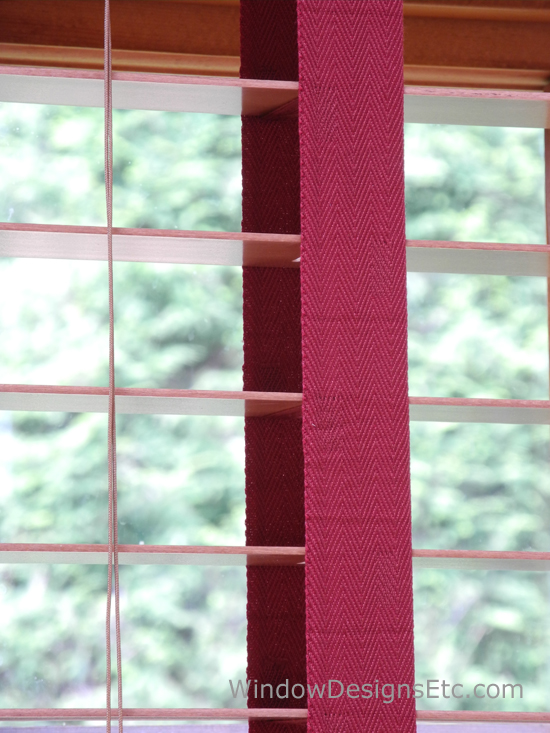 Decorate with red at home. Hunter Douglas wood blinds with decorative red tape. Designed by Window Designs Etc. By Marie Mouradian