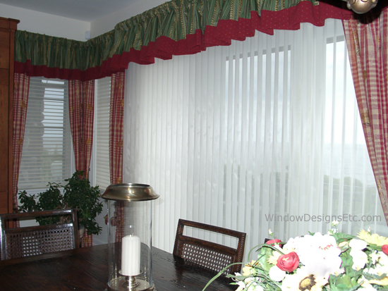 decorate with Red at Home. Window and door with Hunter Douglas Luminette® and Silhouette. Custom valance is trimmed in vibrant red. Check/plaid red tied back curtains. Designed and Created by Window Designs Etc. By Marie Mouradian