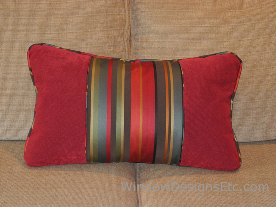 Decorate with red at home. Custom blocked rectangle pillow in red and stripe. Designed and created by Window Designs Etc. By Marie Mouradian