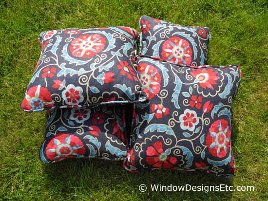 All American Pillows will make it the best summer. Red, white and blue suzani fabric add a pop of color to chairs and loungers. More details on the blog WindowDesignsEtc.com Red White Blue Pillows