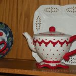 Red White and Blue dishes - White with red dot teapot