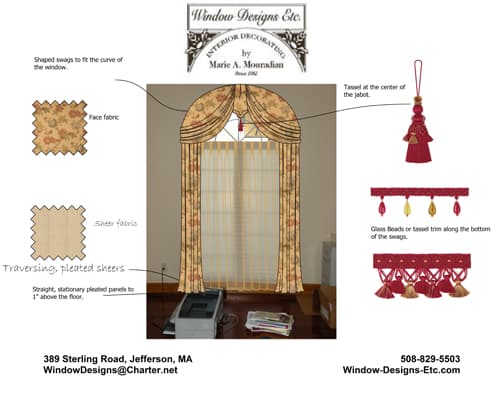 Rendering of arched window treatment with materials for Shrewsbury, Massachusetts library. Window Designs Etc.