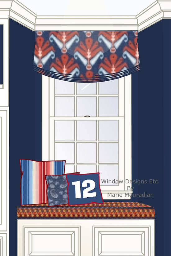 New England Patriots room. 12 pillow and red white and blue window seat for the football fan