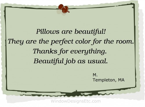 Pillows are beautiful! They are the perfect color for the room. Thanks for everything. Beautiful job as usual. M. Templeton, MA