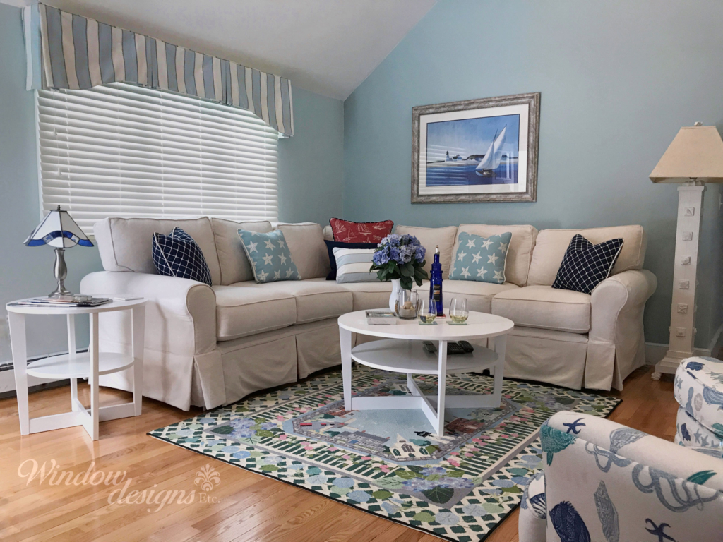 Cape-Cod-Ocean-Blue-Living-Room-EverWood-alternative-wood-blinds-Valance-Pillows